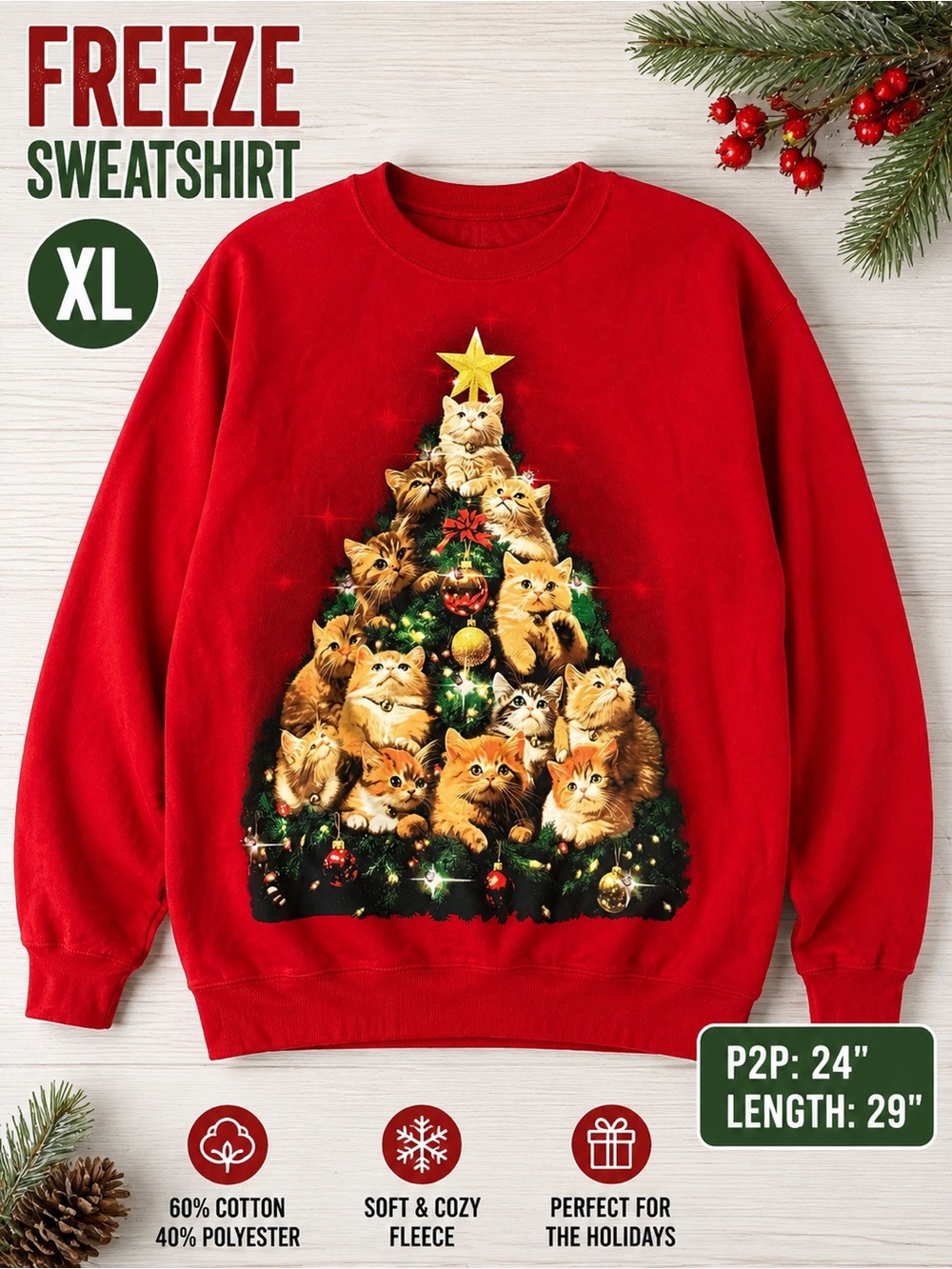 Freeze XL Christmas Cats Tree Red Graphic Sweatshirt Holiday Ugly Sweater